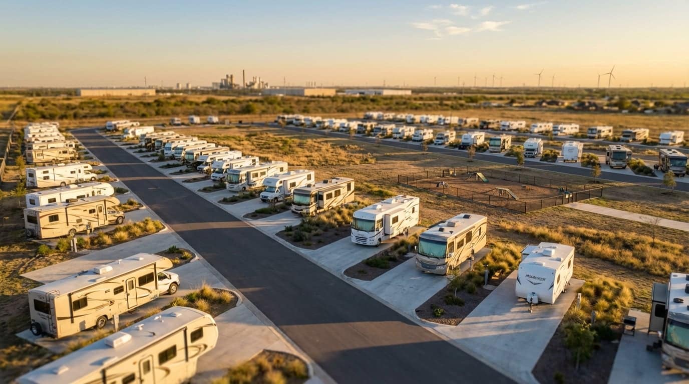 Aerial view of a large RV park during golden hour, showing rows of parked motorhomes and travel trailers on concrete pads, a central fenced dog park, and wind turbines along the distant horizon.