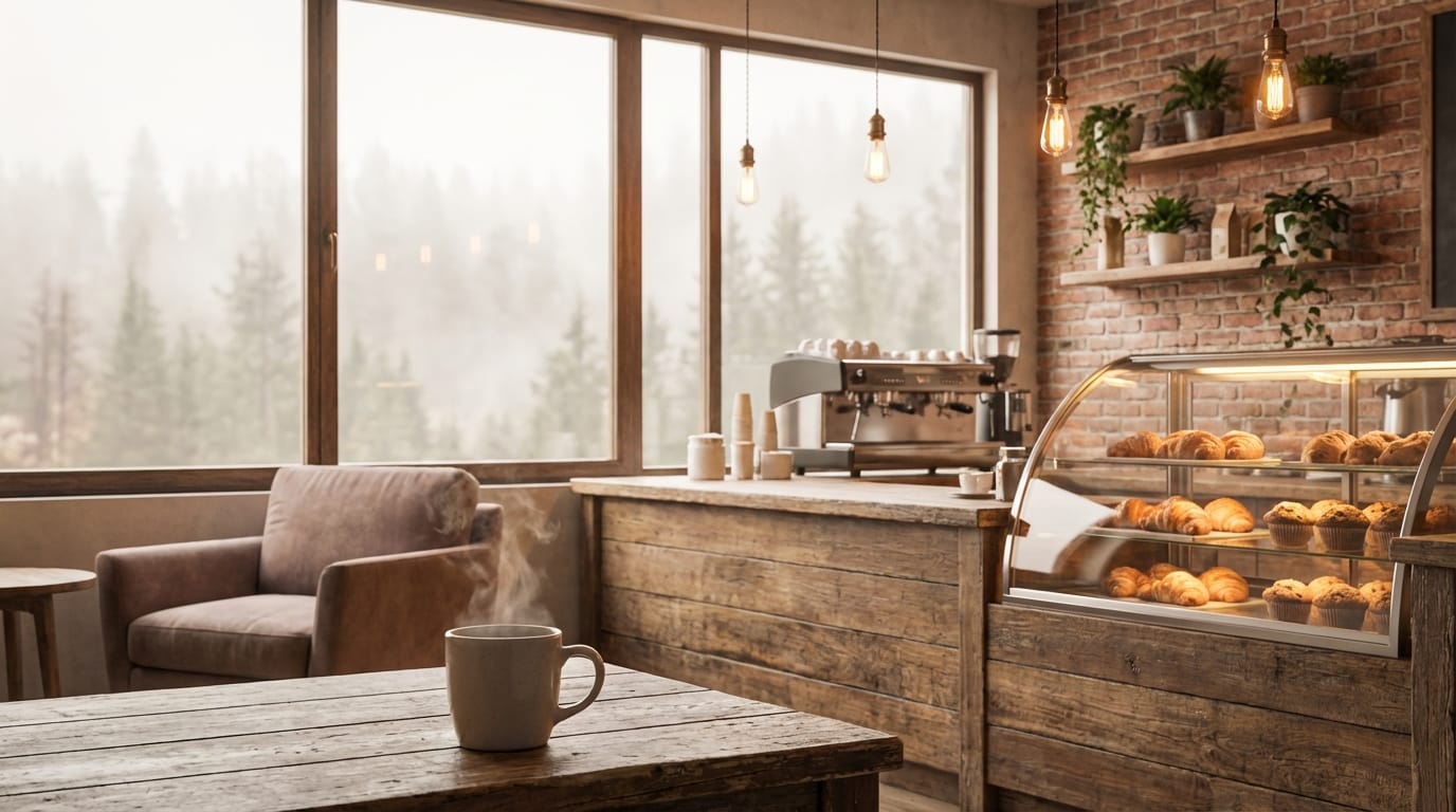 Steaming white coffee mug on a rustic wooden table inside a cozy cafe. Large windows reveal a misty pine forest in the background. The coffee shop interior features a comfortable brown armchair, a wooden counter with a professional espresso machine, and a lit glass display case filled with fresh croissants and muffins against an exposed brick wall with hanging plants and warm pendant lighting.