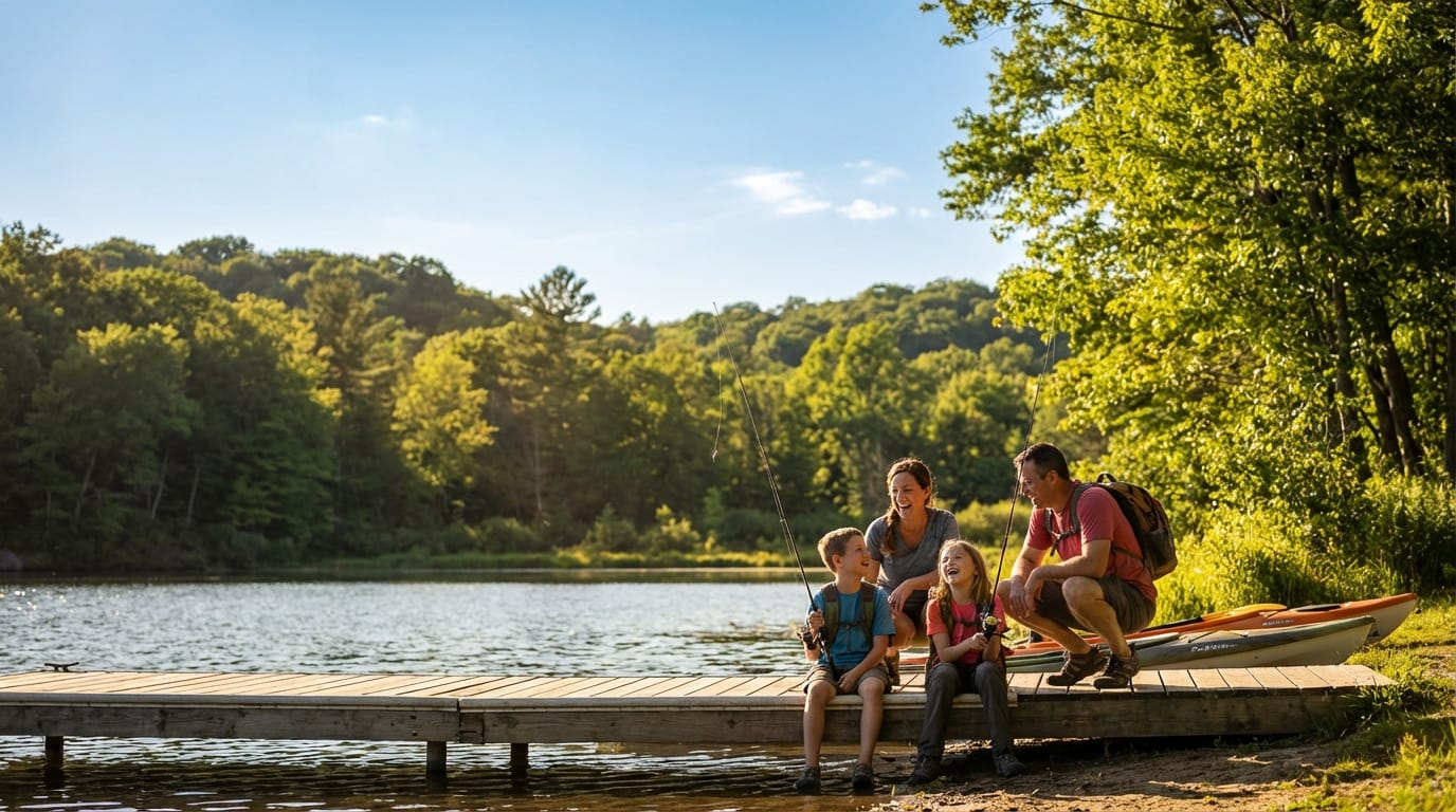 A happy family of four smiling and fishing off a wooden lake dock on a sunny day, surrounded by lush green forest with two kayaks resting on the grassy shore nearby.
