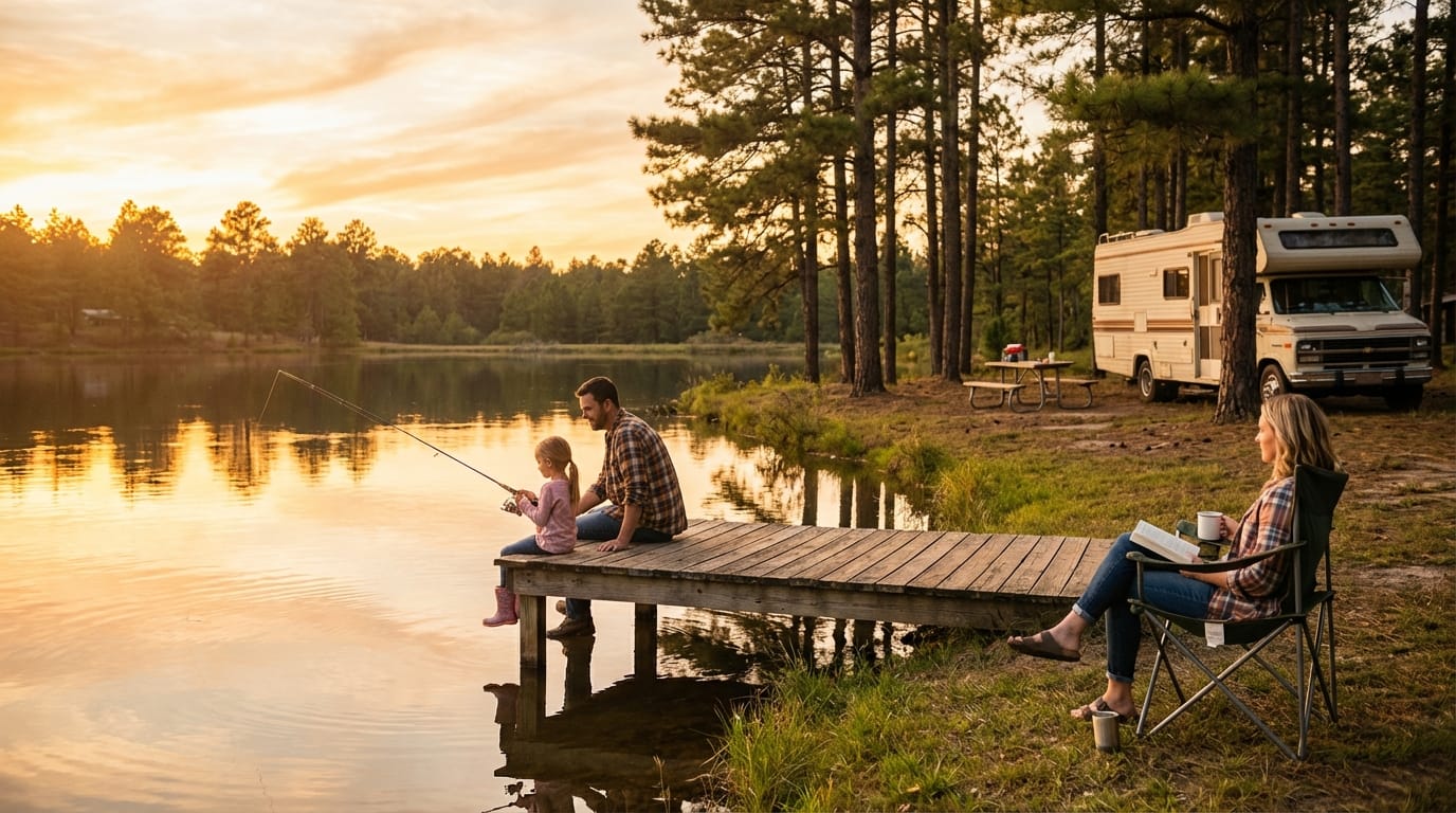 A family enjoying an RV camping trip at sunset by a calm lake. A father and young daughter fish from a wooden dock while a mother sits nearby in a camp chair reading a book, with a white motorhome parked among pine trees in the background.