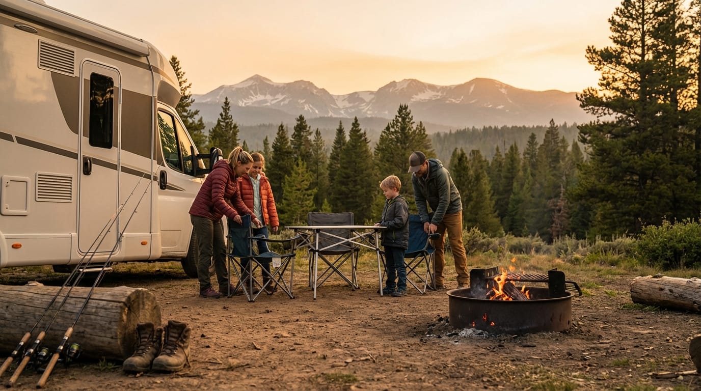 A family of four sets up camp beside a white RV at a dirt campsite surrounded by pine trees. Parents and two children stand near folding chairs and a table next to a crackling fire pit. Fishing rods and hiking boots rest on a log in the foreground, with snow-capped mountains visible under a golden sunset sky in the background.