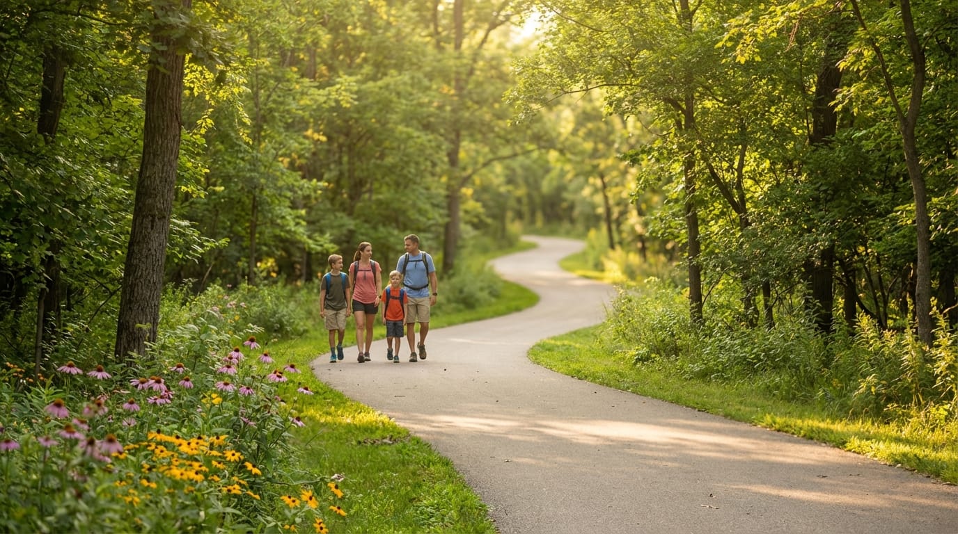 En familj på fyra personer i ryggsäckar går längs en slingrande asfalterad stig genom en solbelyst grön skog med lila och gula vildblommor som blommar i förgrunden.