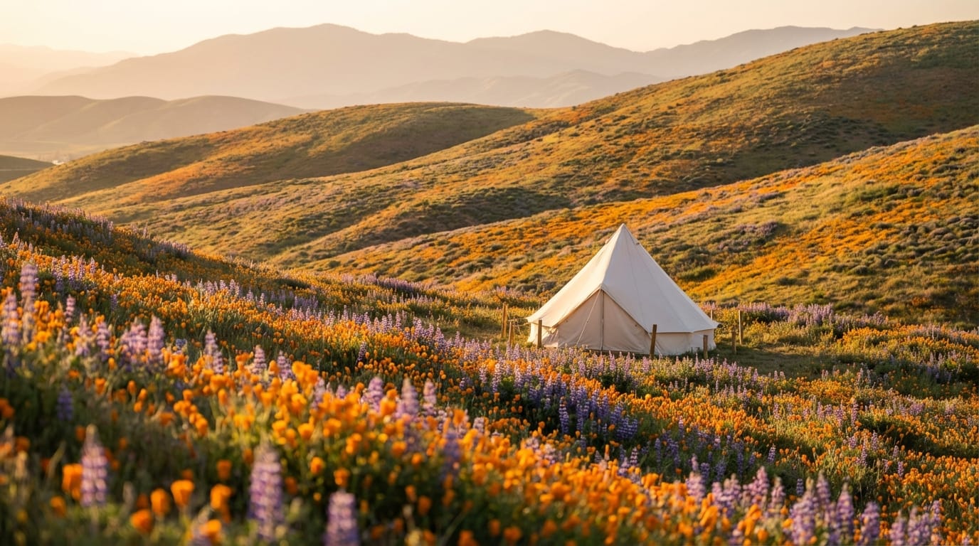 A white canvas glamping tent pitched on a rolling hillside blanketed in a vibrant superbloom of orange poppies and purple lupines, with distant mountains under a warm golden hour sky.