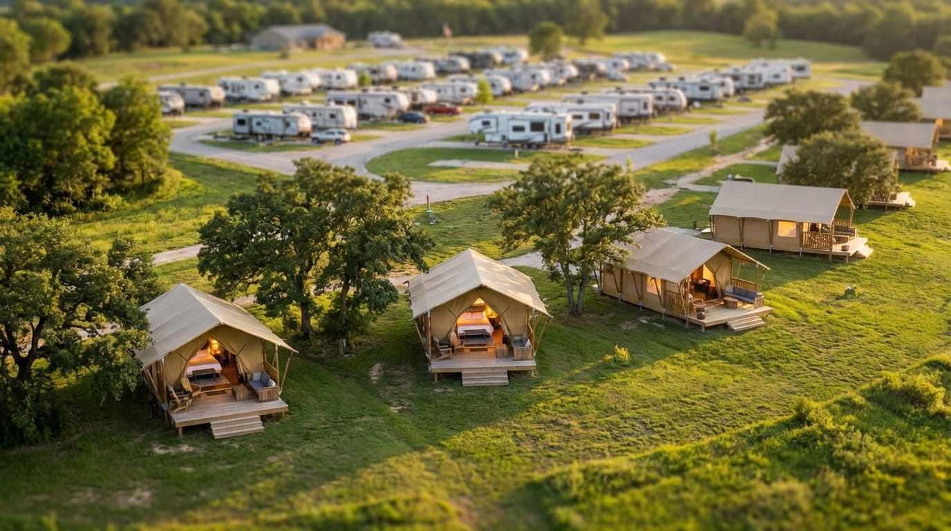 Aerial view of a campground featuring luxury canvas glamping tents on wooden decks in a grassy foreground, with a large RV park full of white campers in the background.