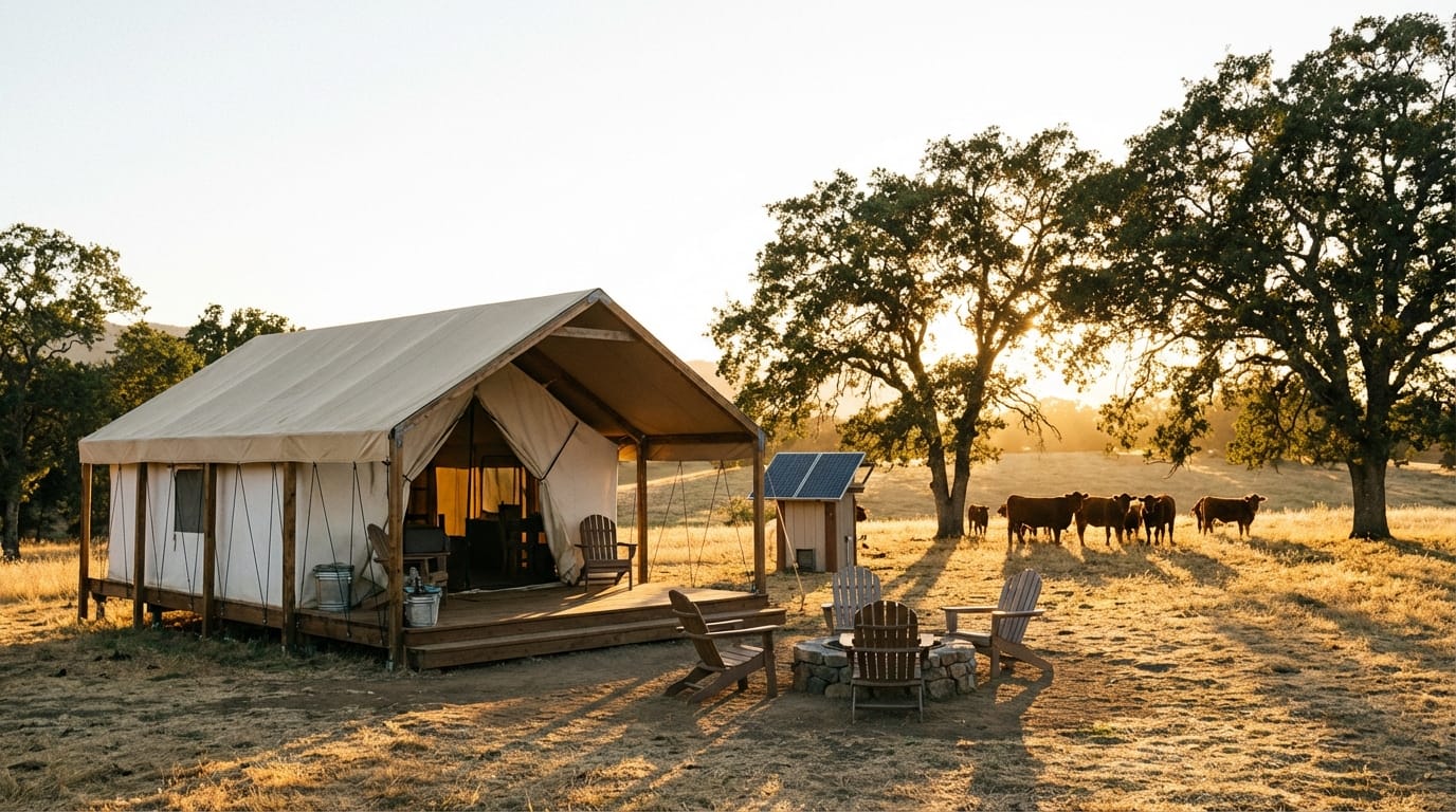 Large canvas glamping tent with a wooden deck and stone fire pit in a golden grassy pasture, featuring a nearby solar panel and brown cows grazing under large oak trees at sunset.