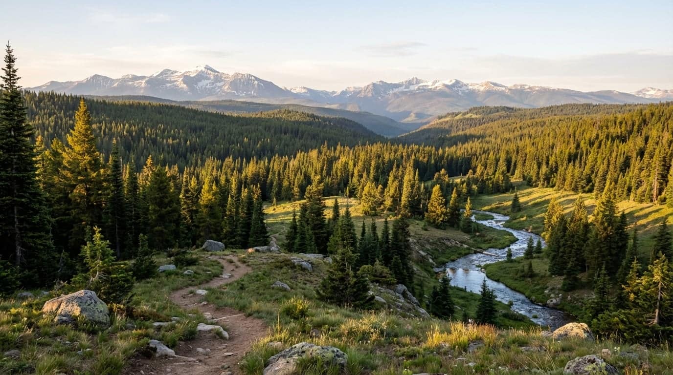 A winding dirt hiking trail descends a grassy hillside towards a vast valley filled with dense evergreen forests and a meandering river, set against a backdrop of distant snow-capped mountain peaks bathed in warm sunlight.