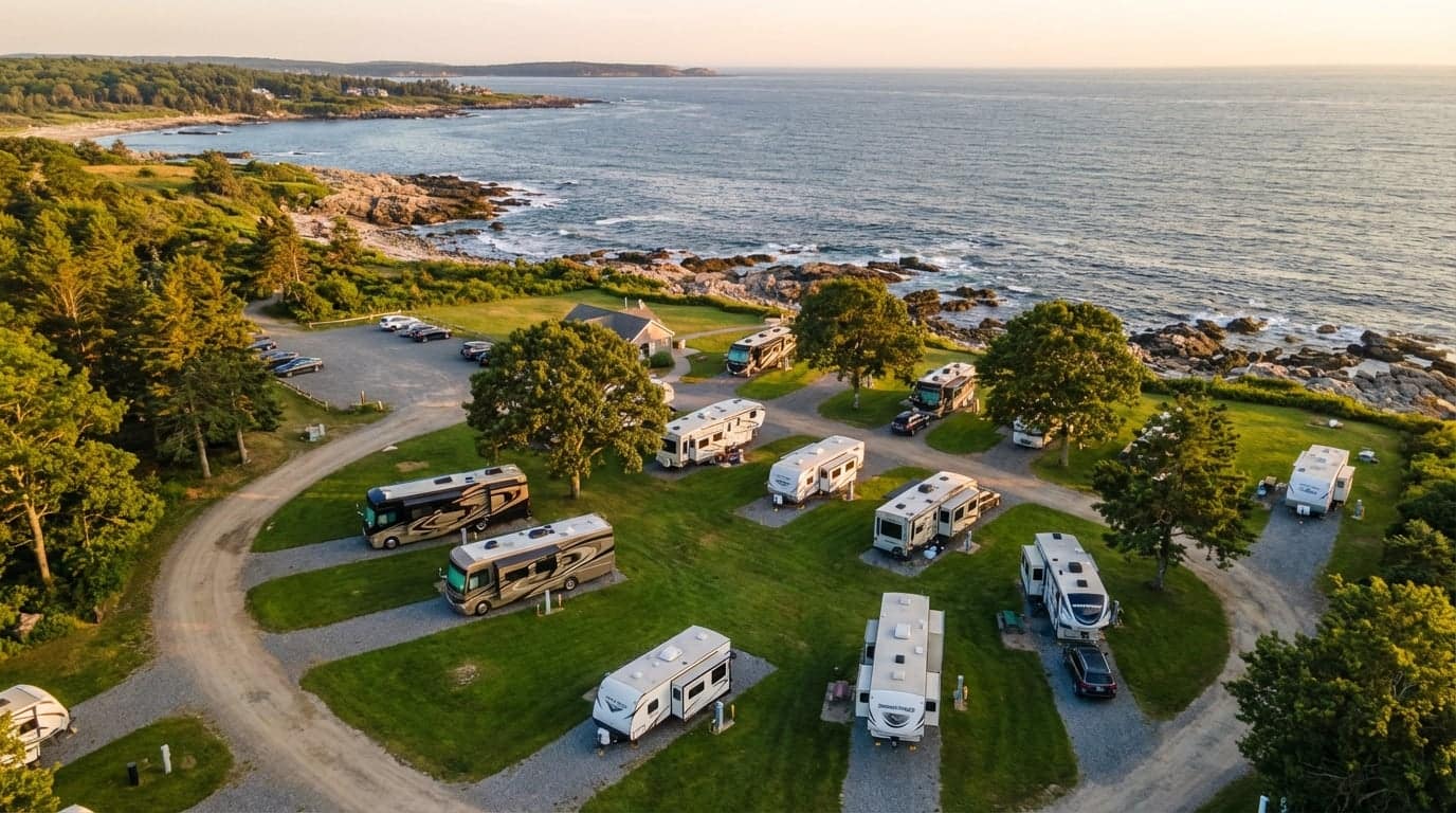 Aerial view of an oceanfront RV campground featuring several motorhomes and travel trailers parked on green grassy sites along a rocky coastline bordered by lush trees at golden hour.