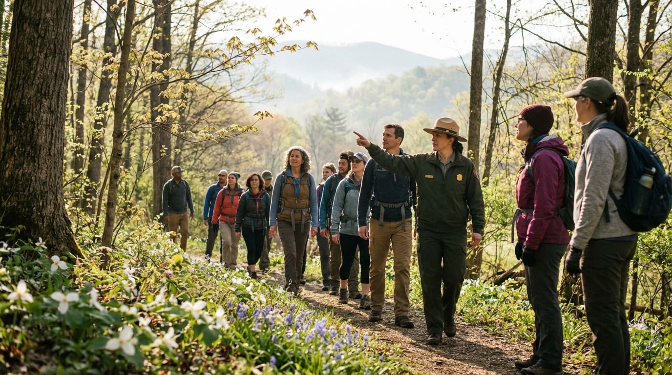 A female park ranger in a green uniform and wide-brimmed hat points ahead while leading a diverse group of hikers along a dirt trail in a sunlit forest lined with blooming white and blue wildflowers, with hazy mountains in the distance.