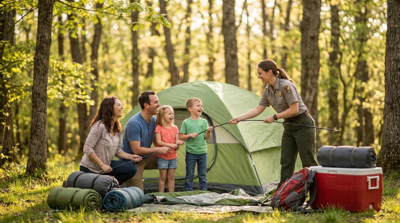 A smiling female park ranger teaches a family of four how to set up camp in a sunlit forest, as the parents and two young children collaboratively hold a tent pole next to a partially pitched green tent, sleeping bags, and a red cooler.