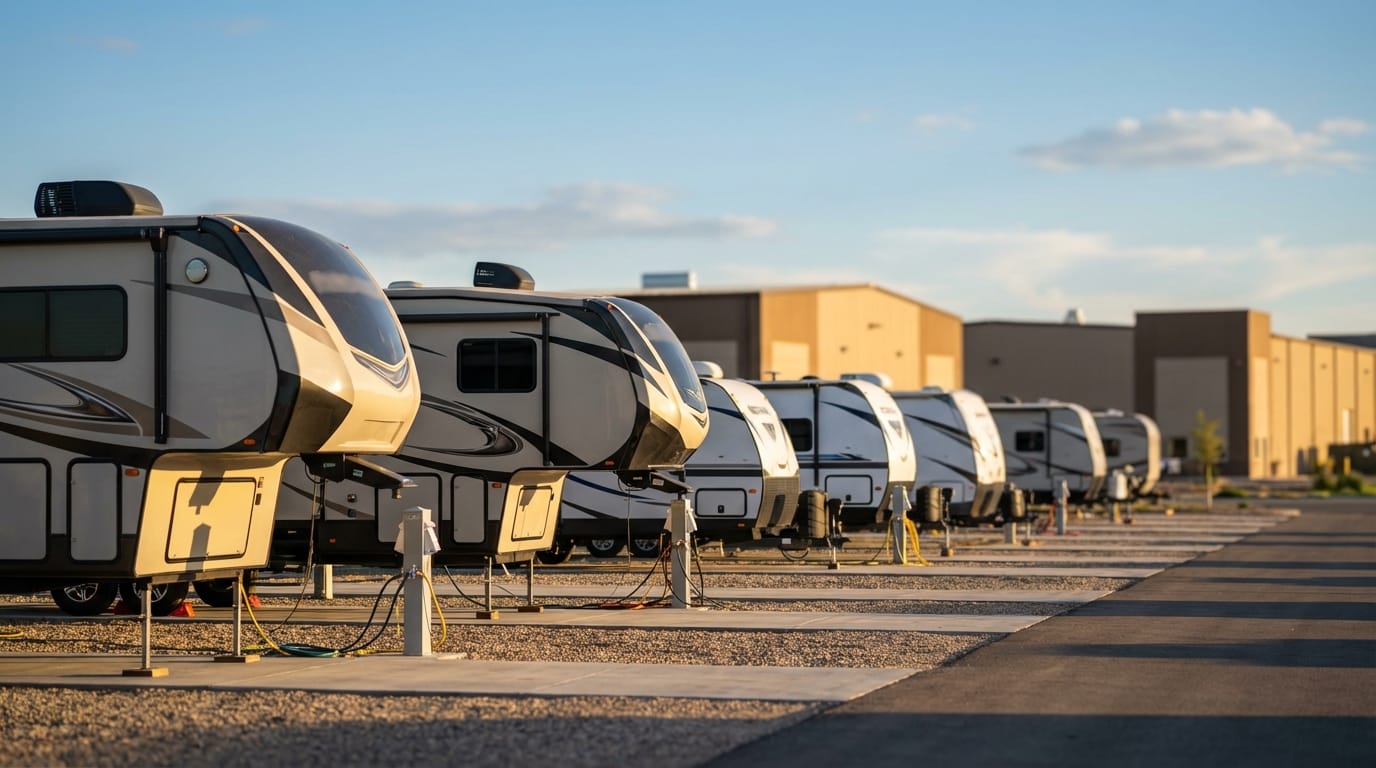 A row of large fifth-wheel recreational vehicles parked on gravel pads and connected to utility hookups at an RV park or dealership lot, with industrial buildings in the background under a partly cloudy blue sky.