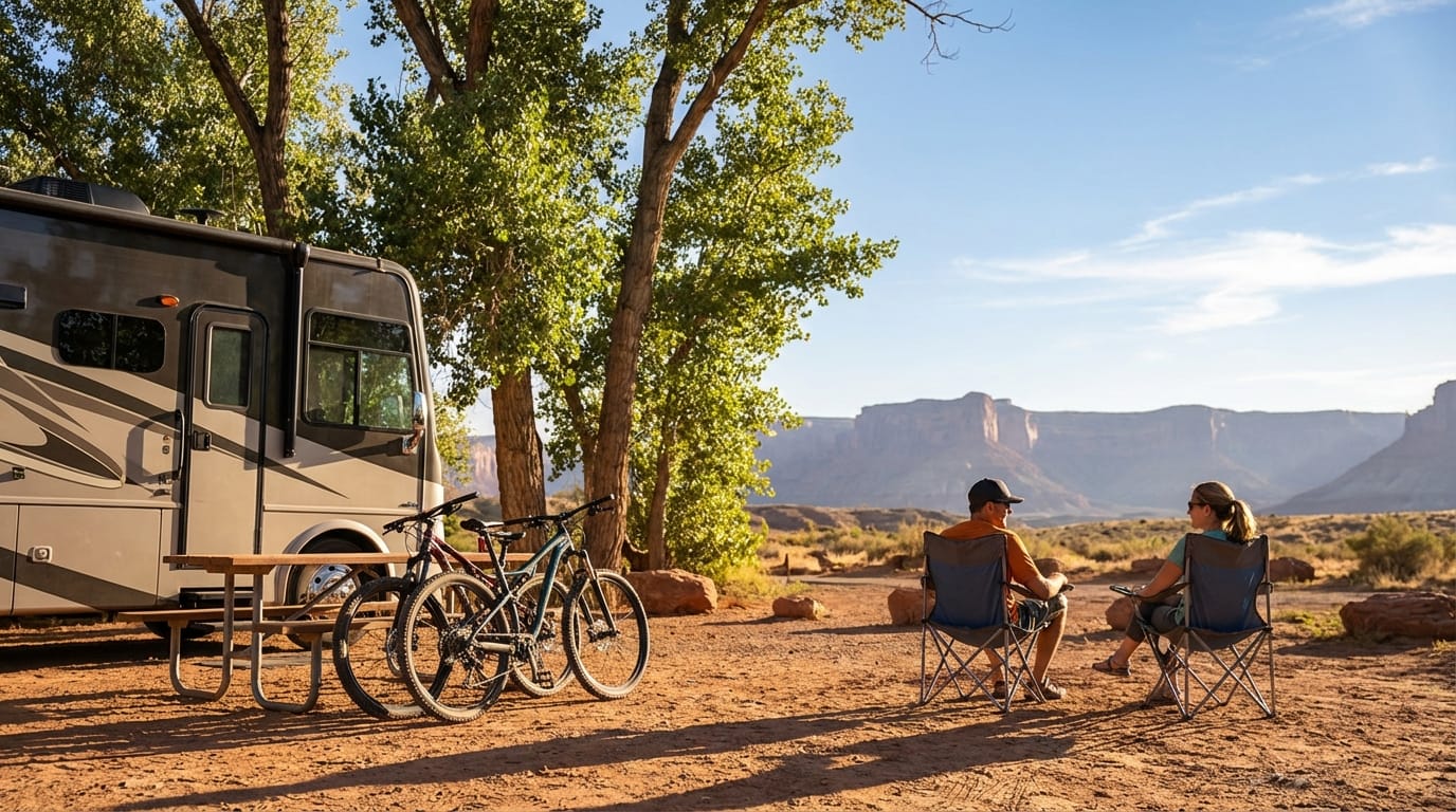 A couple relaxes in folding camp chairs at a scenic desert campsite, looking toward distant red rock mesas. A large motorhome, a wooden picnic table, and two mountain bikes are parked under shade trees nearby.