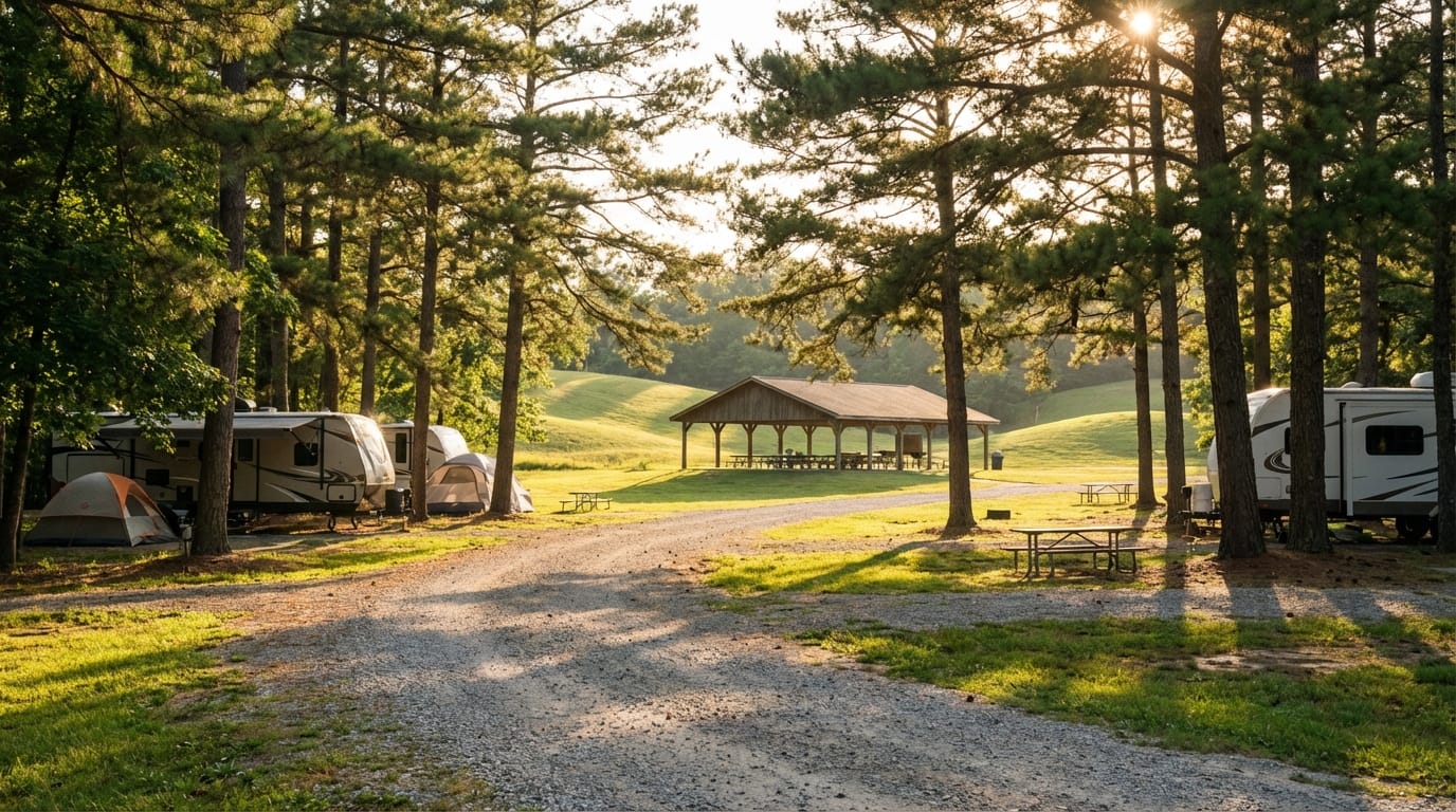 A scenic, sunlit campground featuring a gravel road winding through tall pine trees, with parked RVs, pitched tents, picnic tables, and a large wooden pavilion set against rolling green hills.
