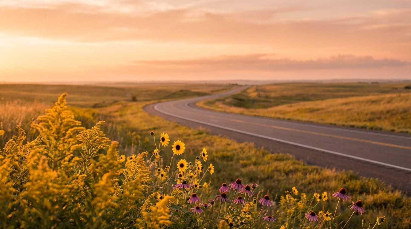 A winding two-lane country road stretches into the distance through rolling golden hills at sunset, framed by vibrant yellow and purple wildflowers in the grassy foreground.
