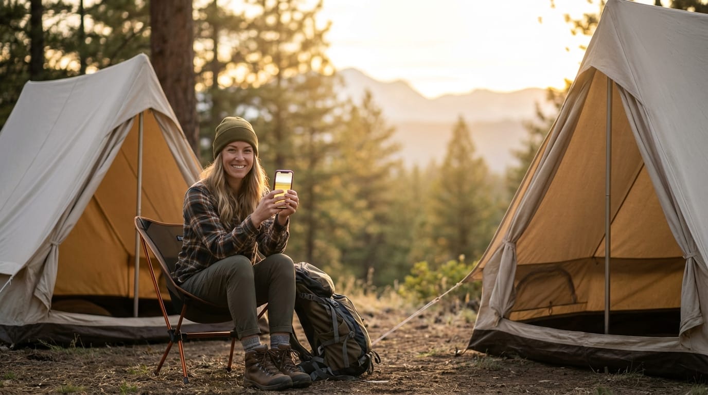 Smiling woman wearing a beanie and flannel shirt sitting in a camp chair holding a smartphone, situated between two white canvas tents at a mountain forest campsite during sunset, with a large hiking backpack resting beside her.