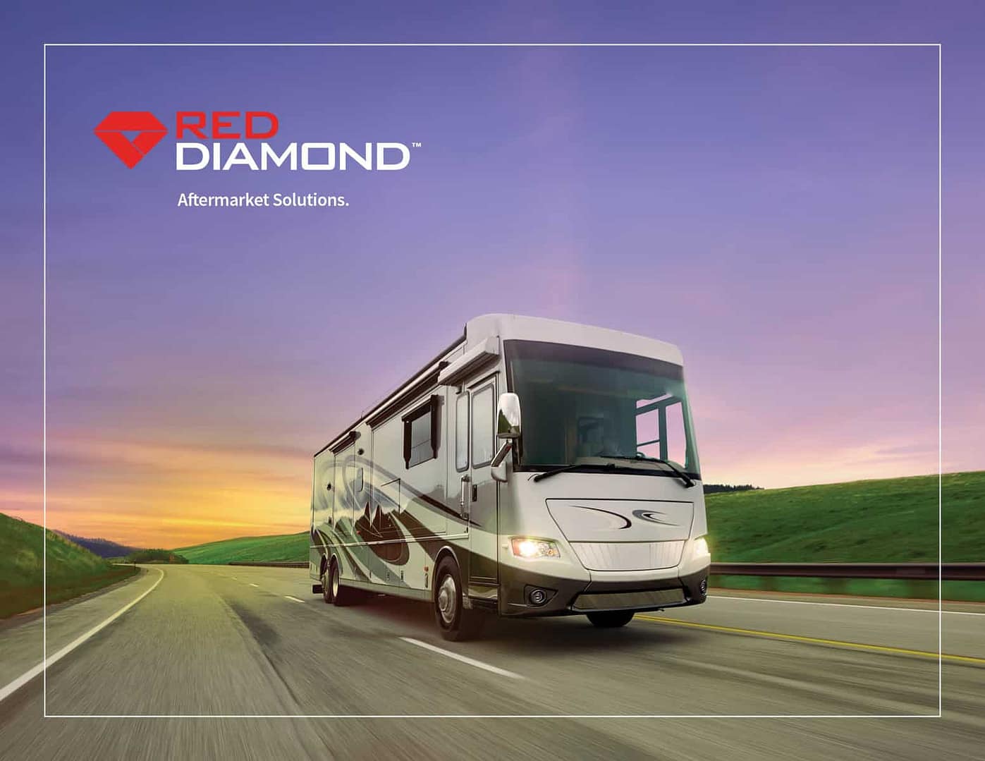 A Red Diamond RV, customized with Aftermarket Solutions, is confidently driving down the road.