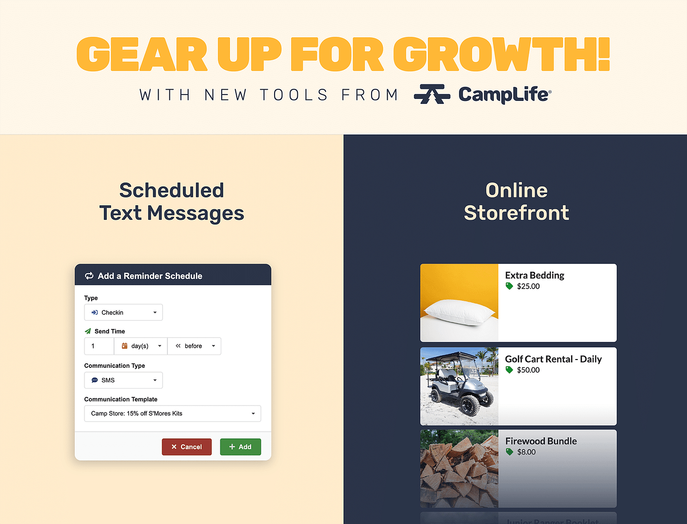 A screenshot showcasing the CampLife tool to boost merchandise sales and improve guest communication for growth.