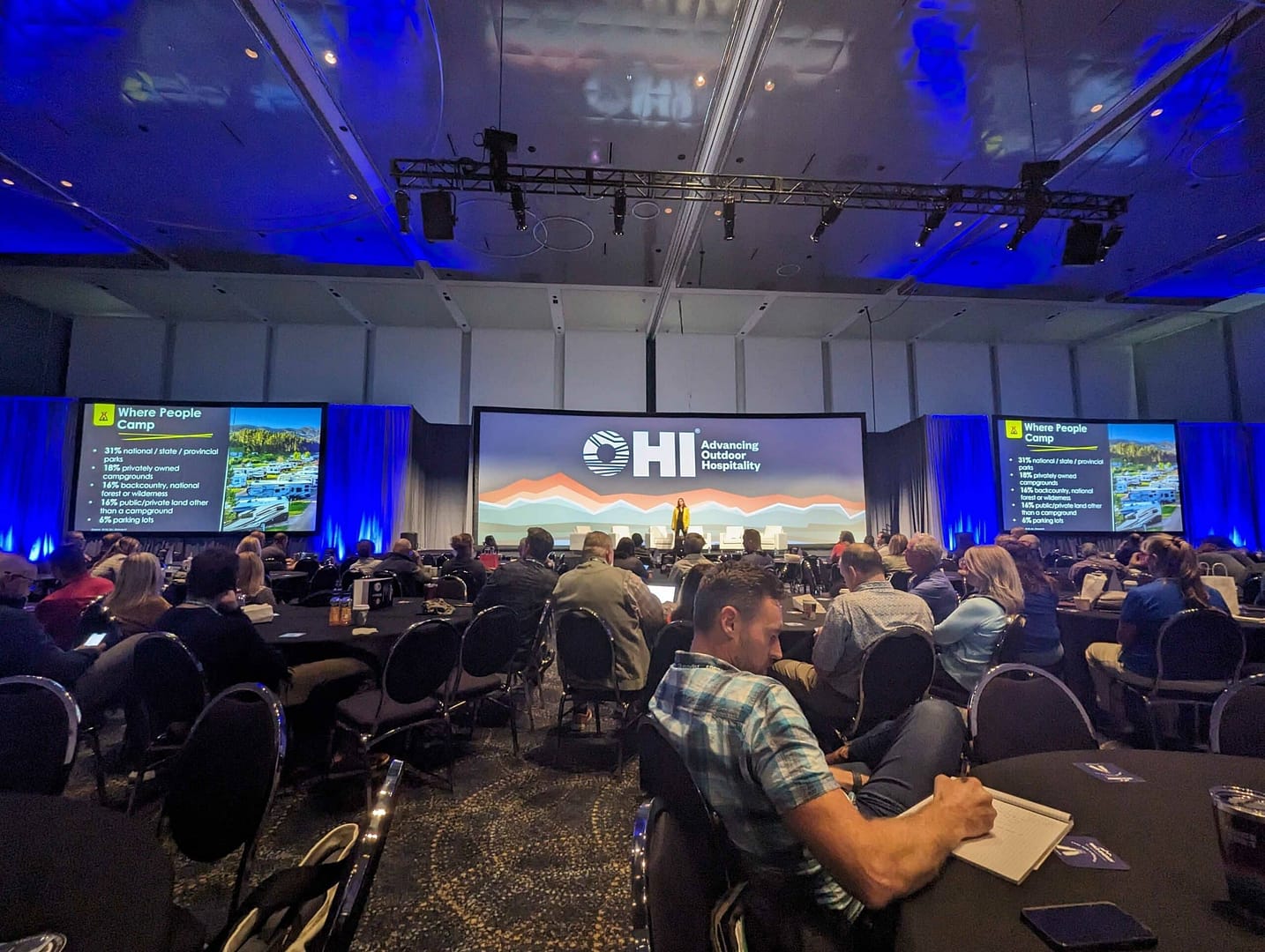 A room full of people sitting at tables in front of a large screen, learning about the transformative power of storytelling from Kindra Hall.