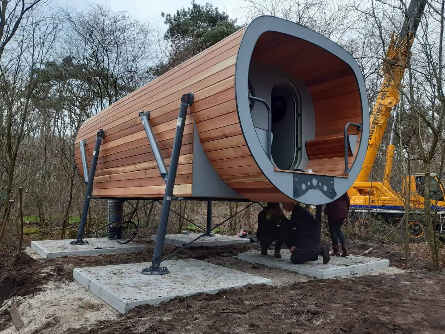 An off-ground glamping experience is being created in the woods, with a wooden cabin designed to provide elevated experiences for guests.