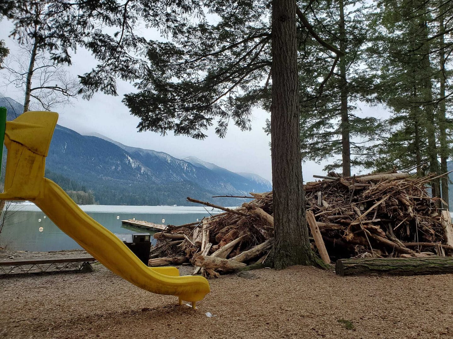 A yellow slide in front of a pile of wood at Sunnyside Campground.