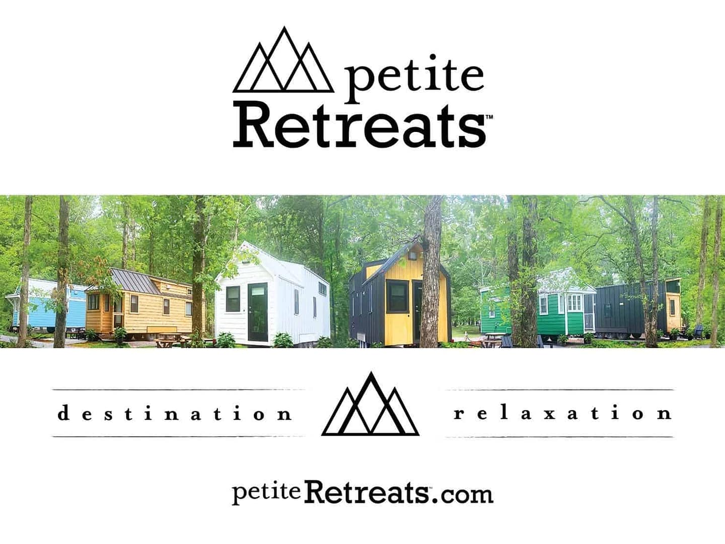 Tiny retreats logo featuring a small house in the background, inspired by the charming Tiny House Village of Tennessee.