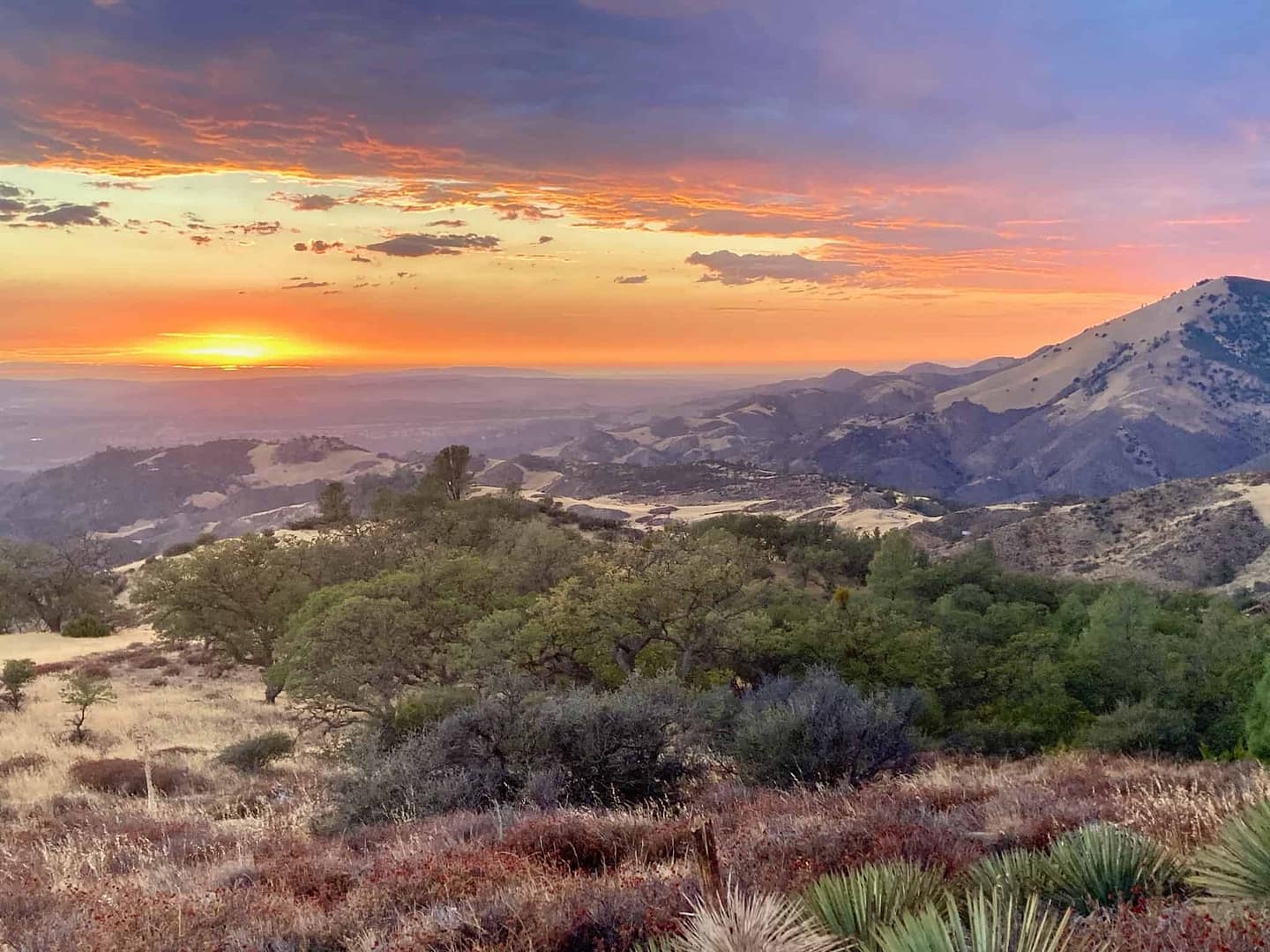 The sun is setting over the Los Padres National Forest in California.