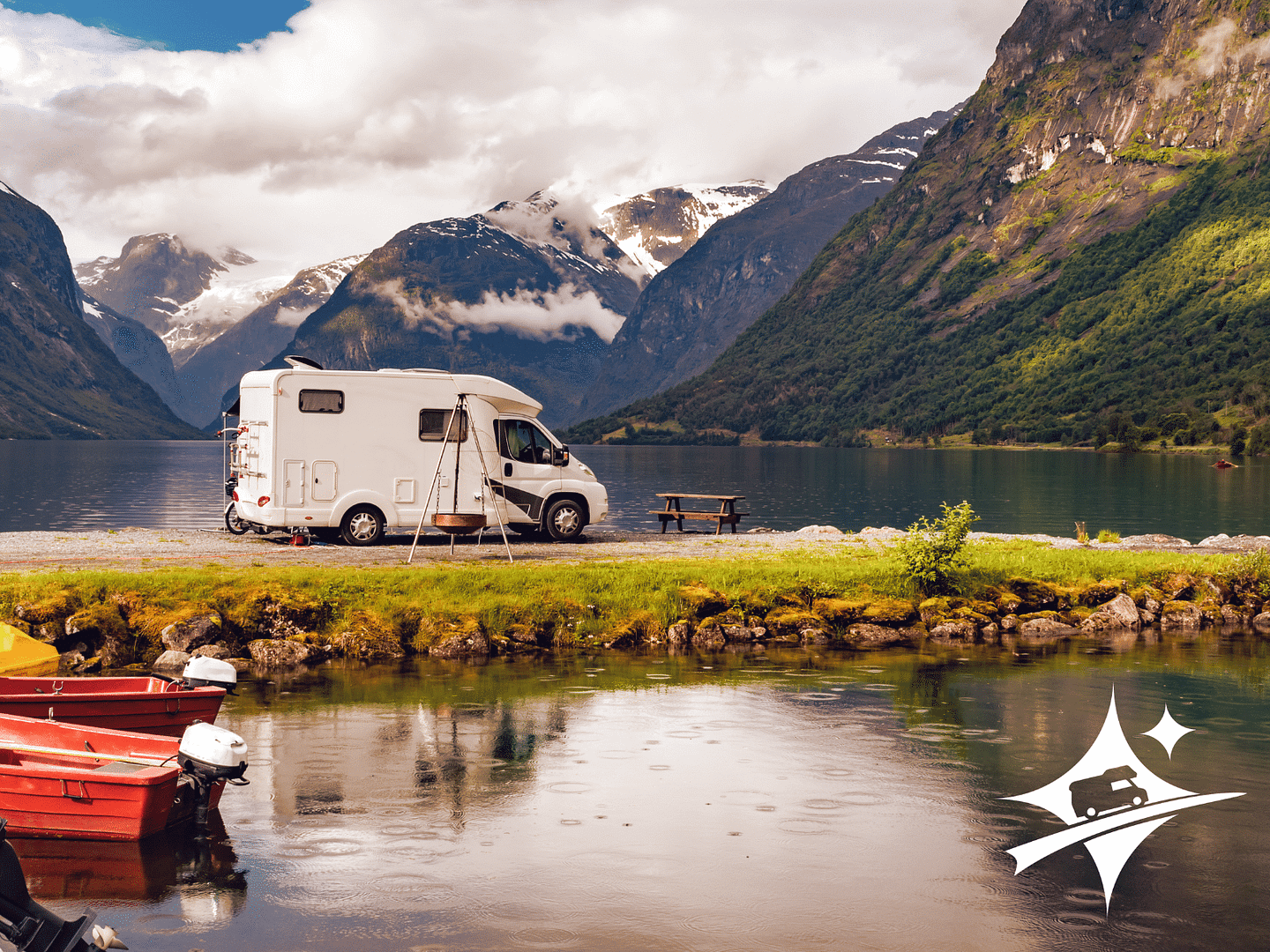 An RV parked next to a serene lake.