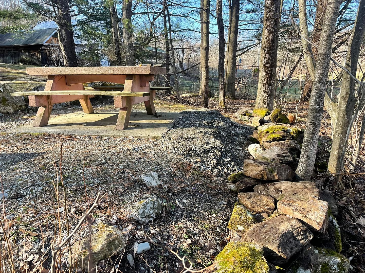 A private picnic table nestled in a campground.