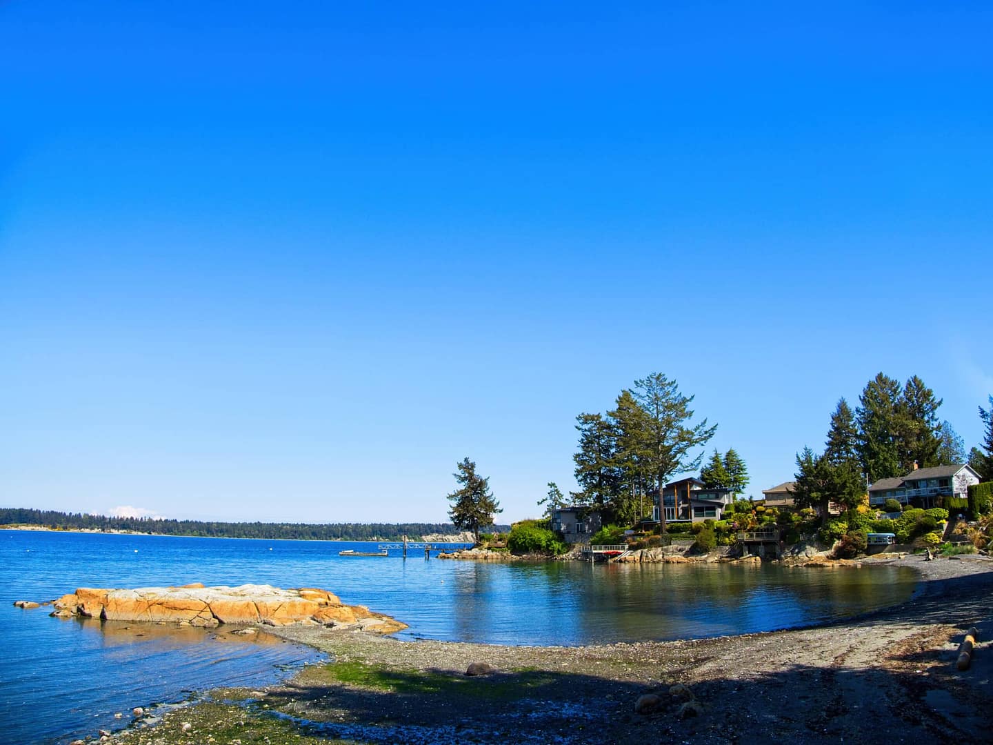 Central Saanich Beach, a serene coastal area adorned with houses and trees on the shore, offers an extended camping season for nature enthusiasts seeking tranquility by the sea.