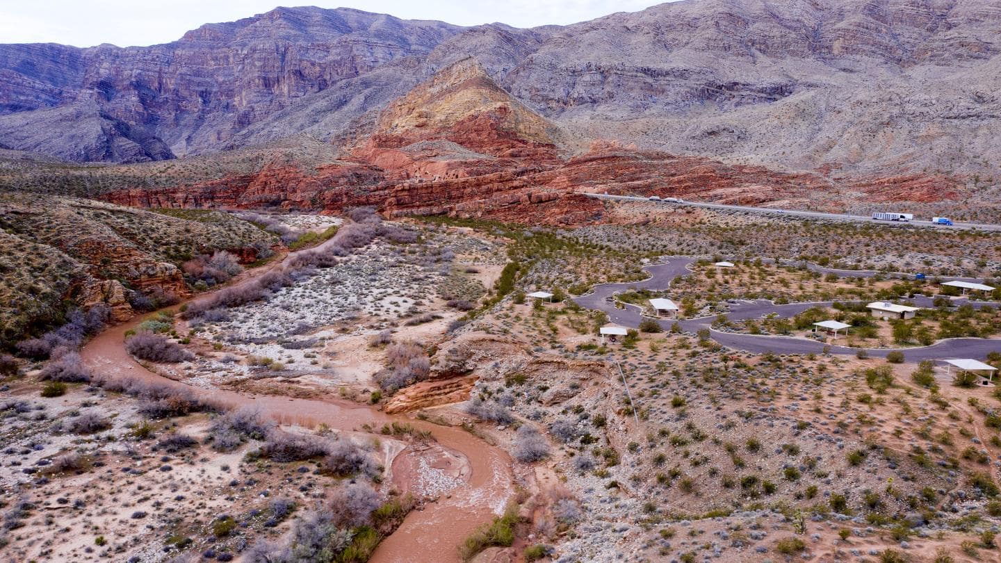 An aerial view of the Virgin River Canyon Recreation Area with a river running through it.