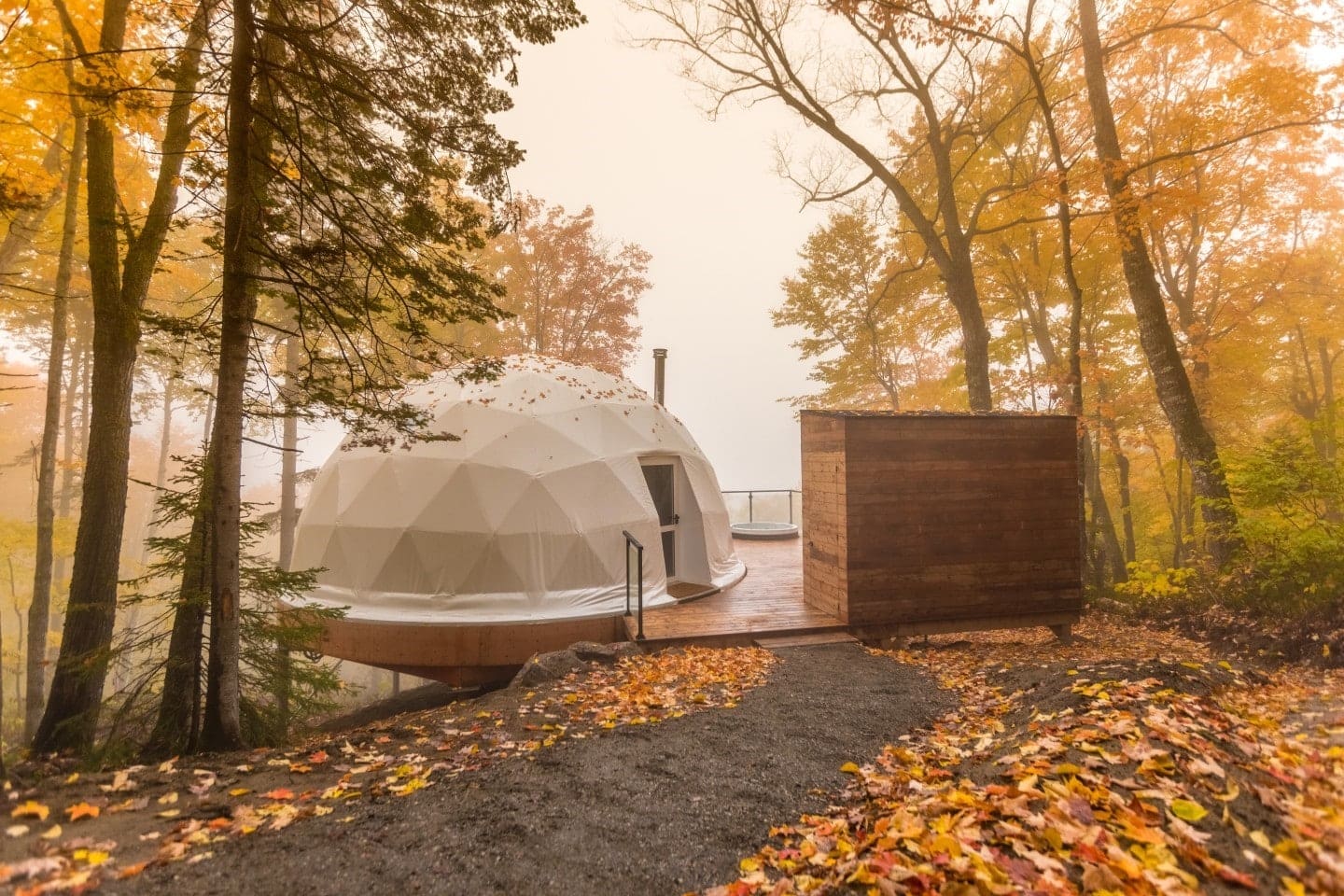 A luxury camping experience awaits at Silver Birch Resort in Michigan, where a geodesic dome resembling a white igloo nestles amidst the serene wooded area.