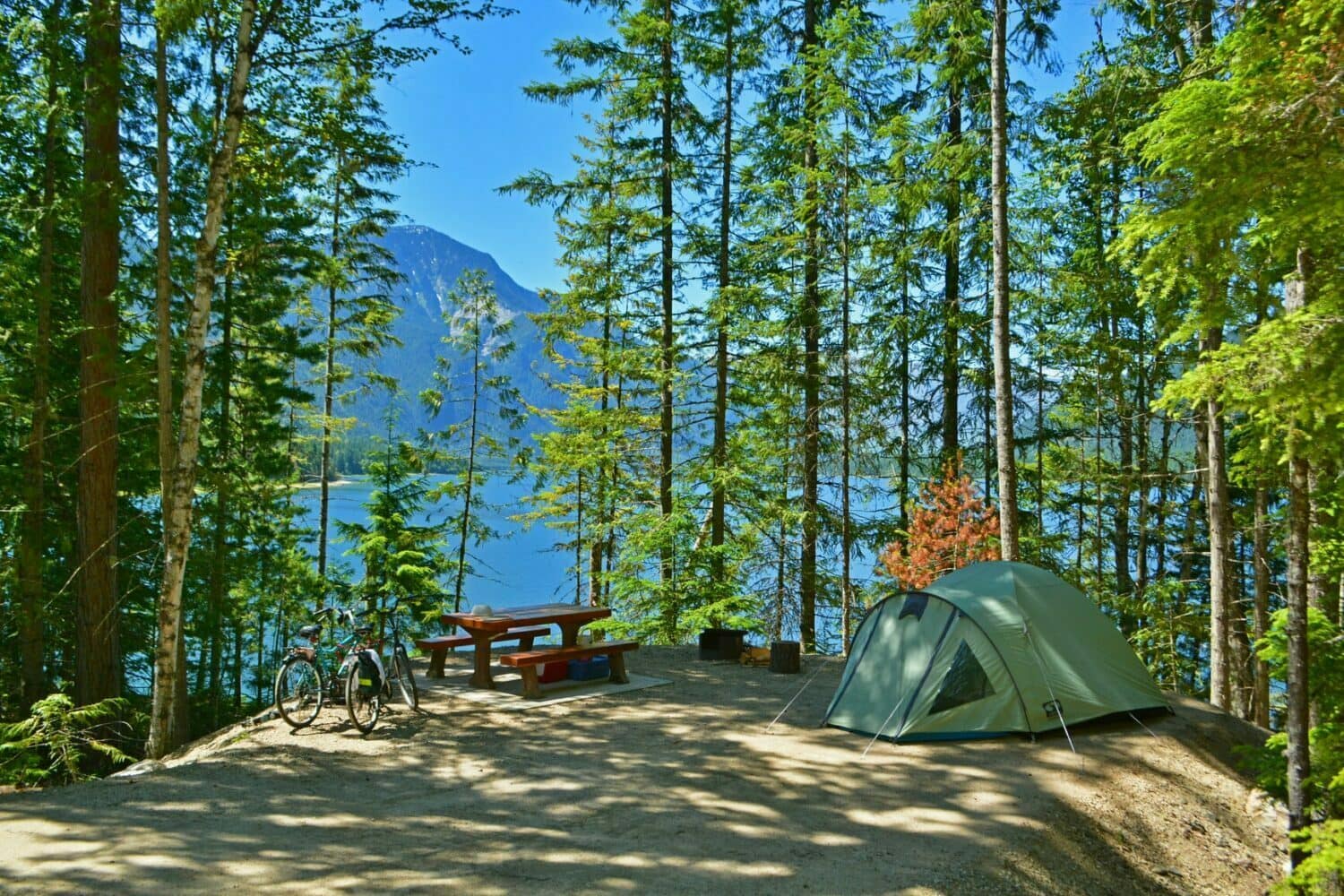 A tent is set up next to a lake in McDonald Creek Provincial Park, offering a unique camping experience in the serene forest.