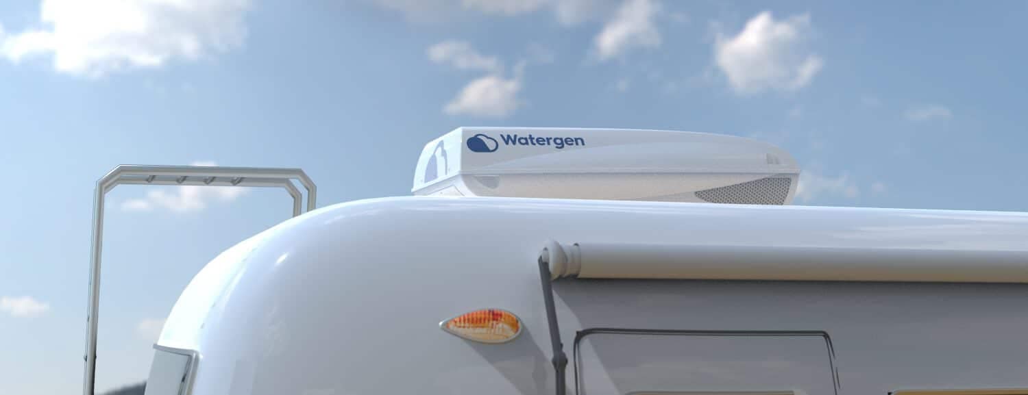 An atmospheric white RV with a blue sky in the background.
