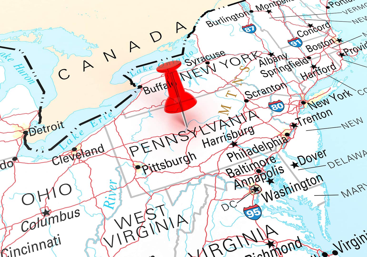 A red **pin** is pinned on a map of Pennsylvania.