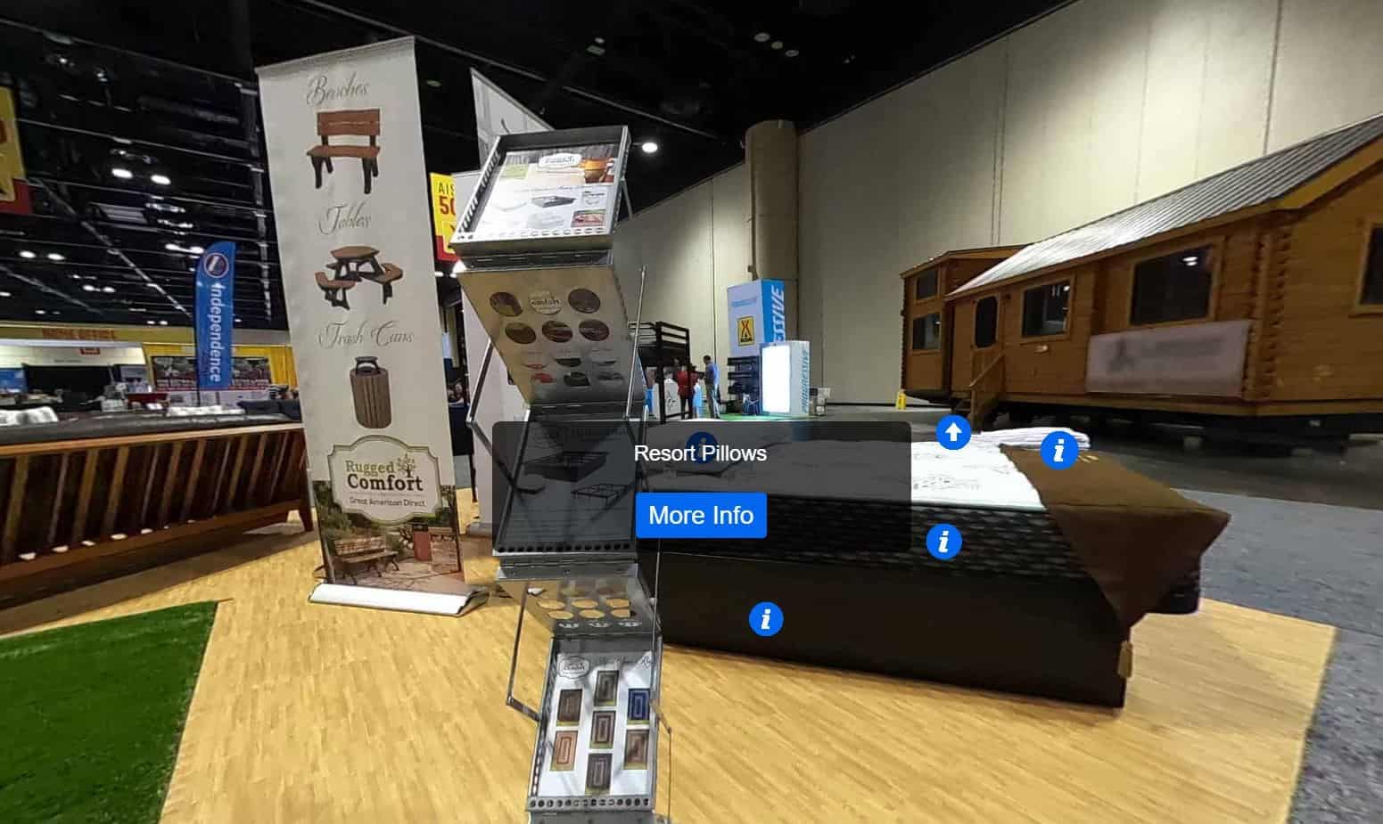 A 3D virtual tour image showcasing the booth at a trade show, featuring Great American Direct products.