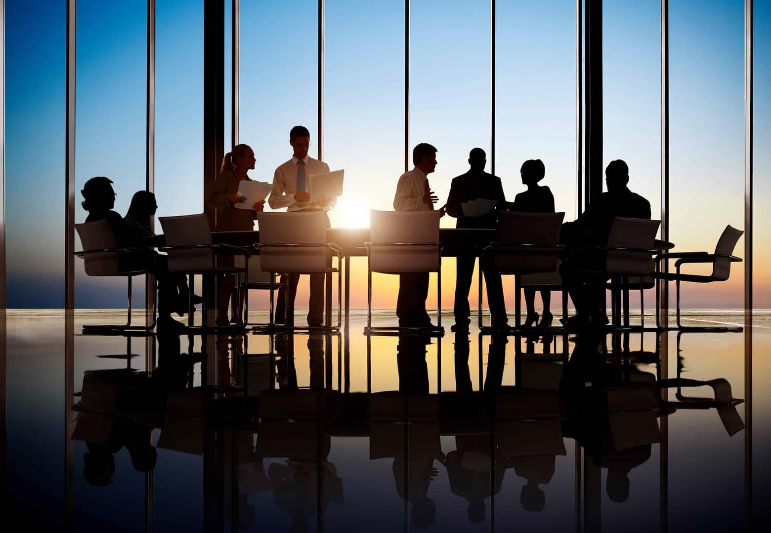 Silhouettes of business professionals in a meeting at a conference table against a sunset visible through floor-to-ceiling windows during an auto draft.