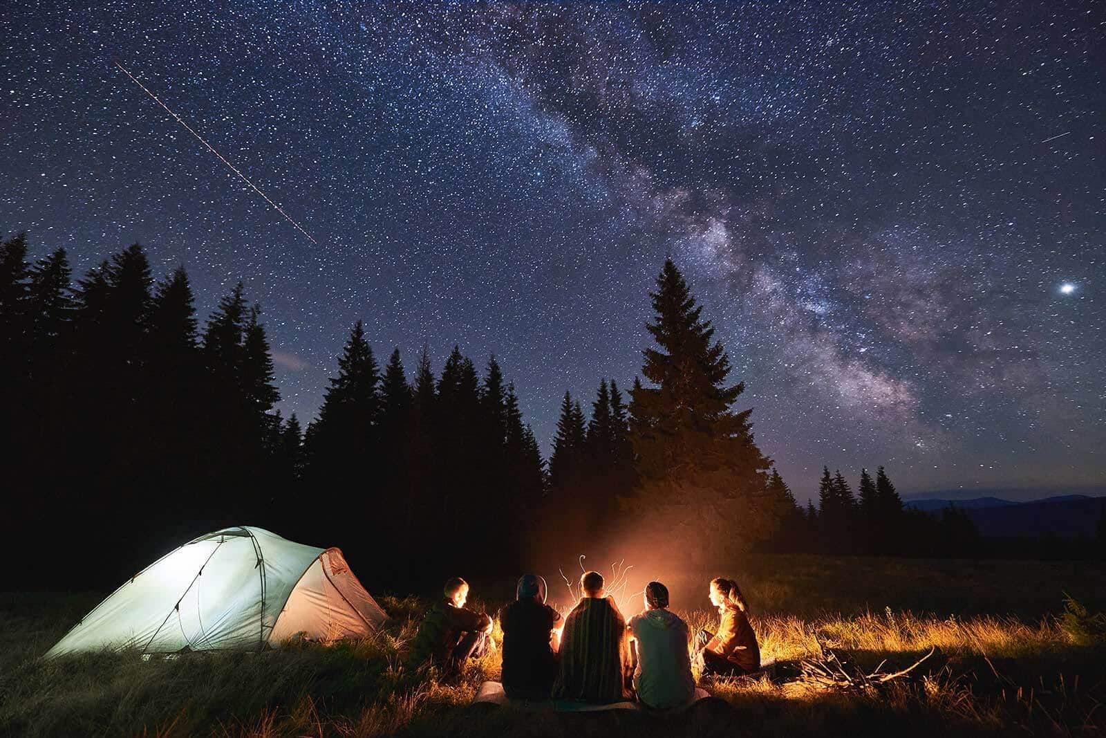 A group of people, including a daughter and mother, sitting around a campfire under a starry sky at Nickerson Park Campground.