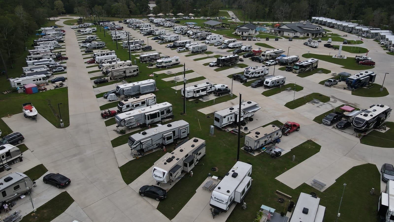 An aerial view of Retreat RV & Camping Resort, TACO's Large Park, with many parked rvs.