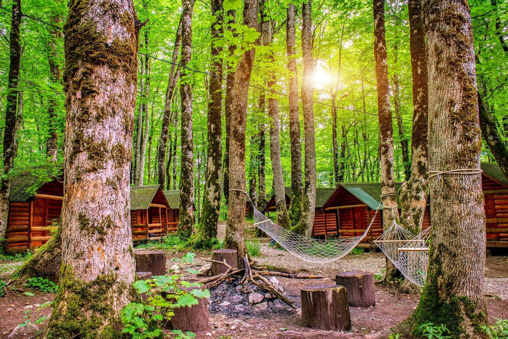 An RV park nestled in the woods with a fire pit.