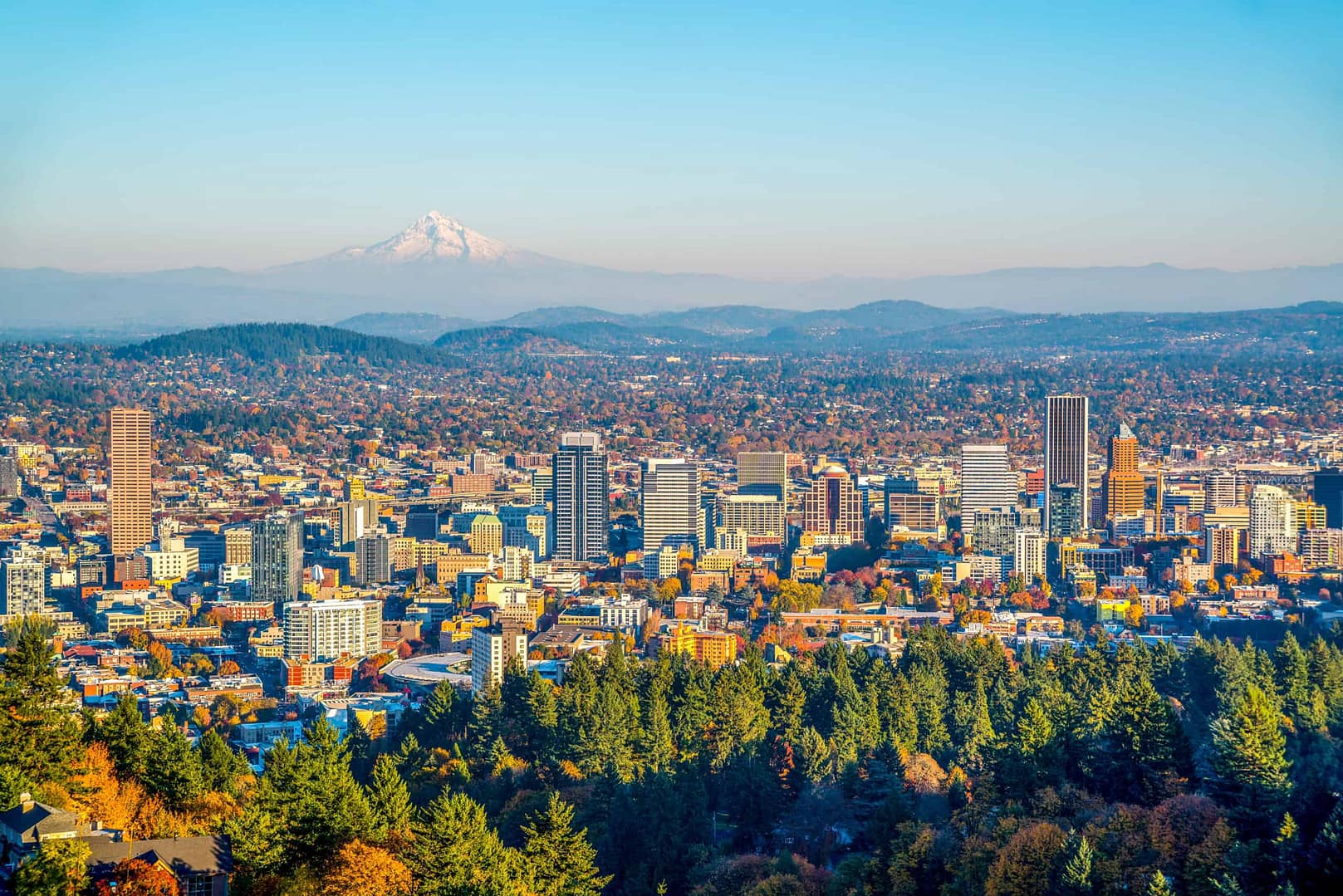 The city of Portland, Oregon in the fall with a mountain in the background.