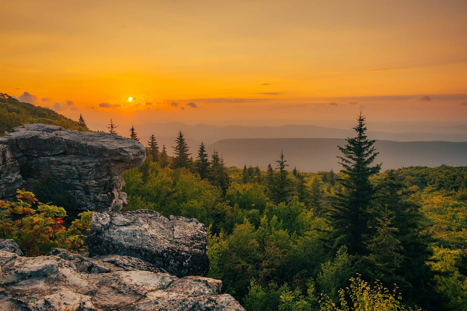 Sunset over a forested mountain landscape with prominent rock formations in the foreground, captured in Auto Draft mode.