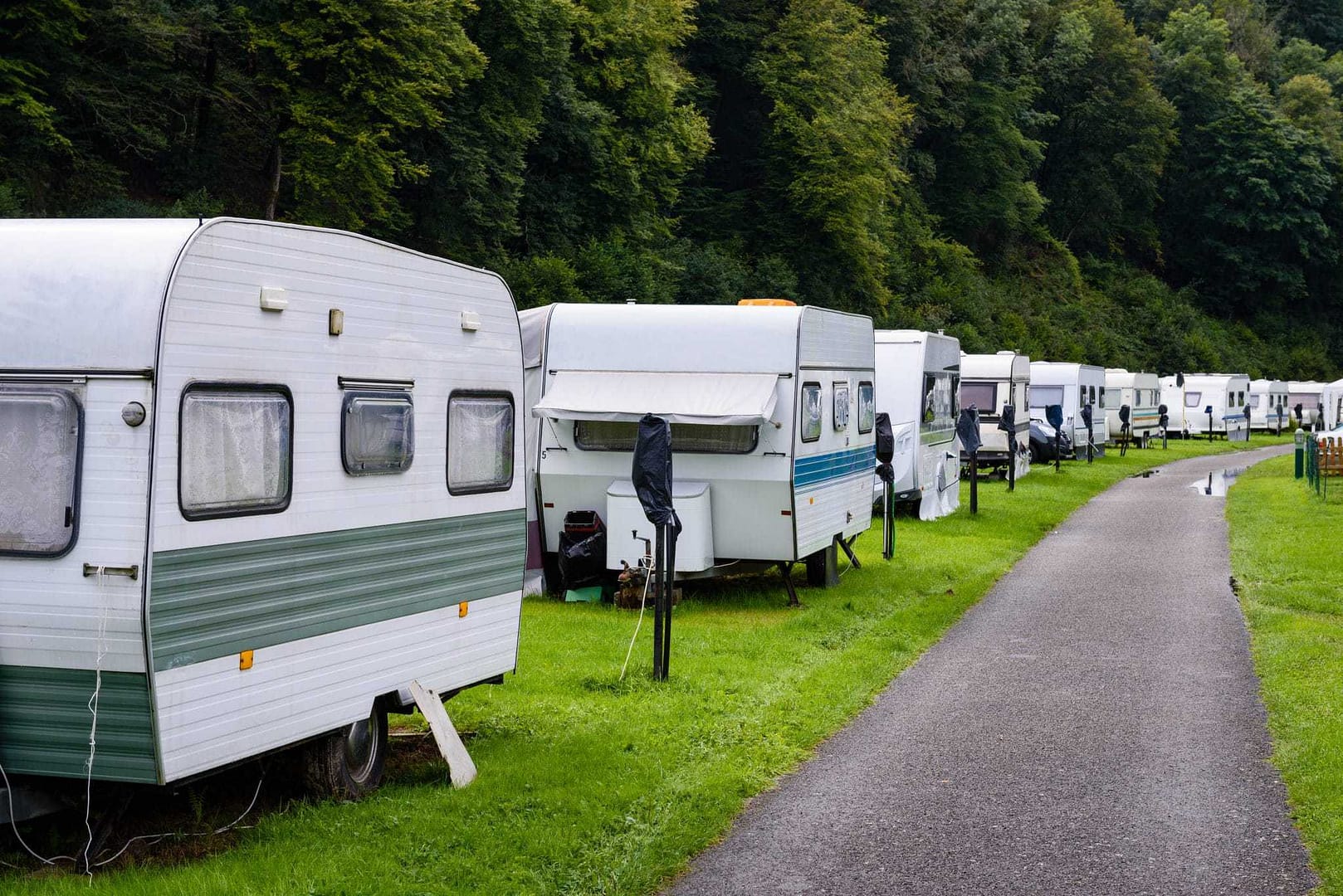 An RV park in Halifax with a row of parked rvs in a grassy area.