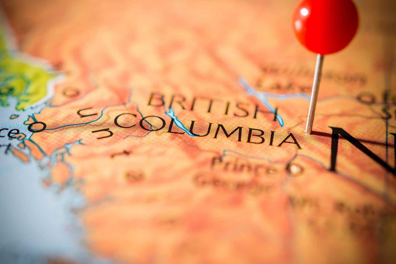 A pin is pinned on a map of British Columbia, the B.C. Province.