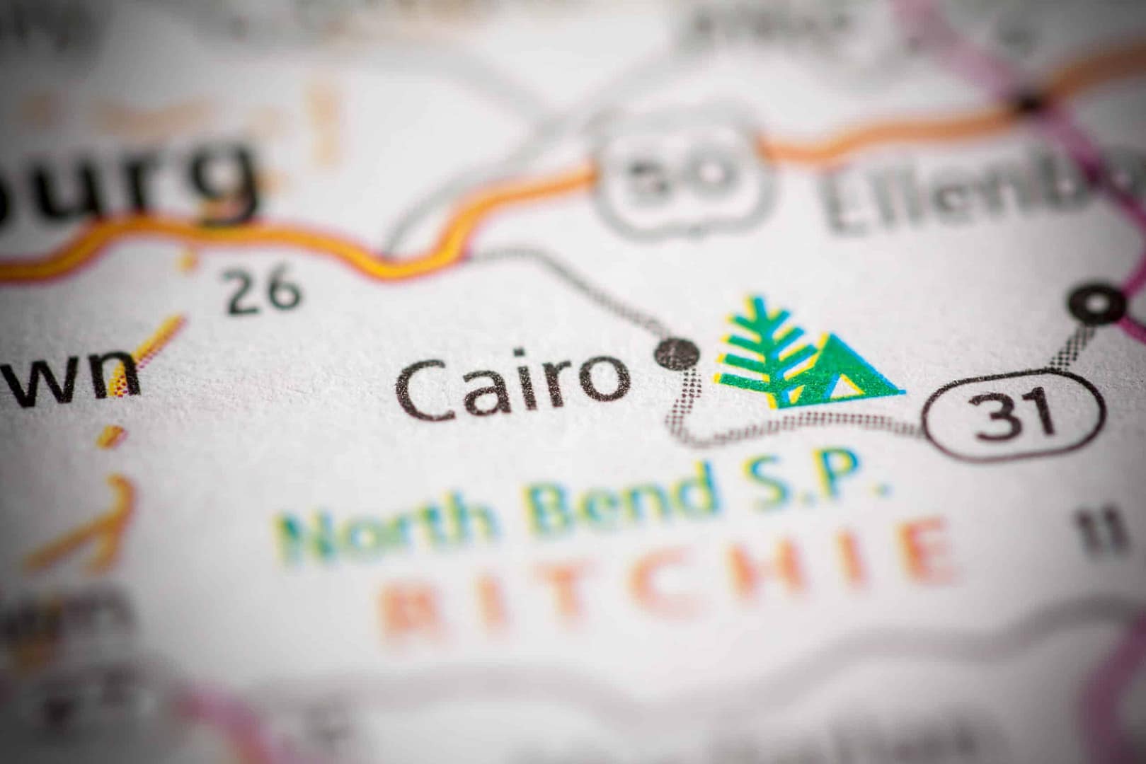A map showcasing the location of Cairo, Nebraska, adjacent to North Bend State Park.