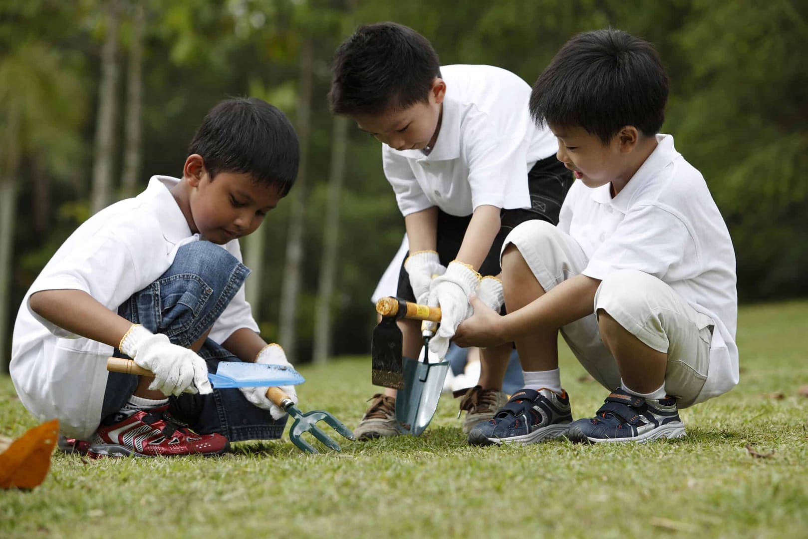 A group of children playing with tools on the grass at a Tennessee State Park, embracing the Go Green initiative and achieving Platinum Status.