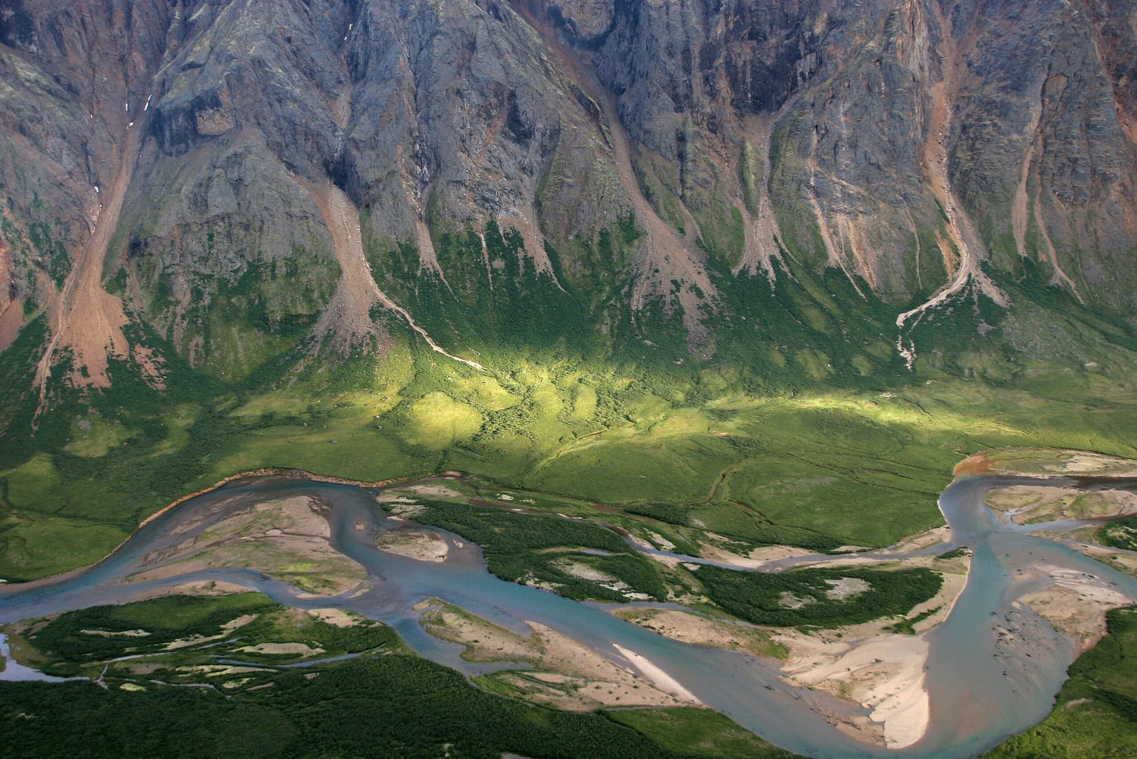An aerial view of a river in Torngat Park, Canada.