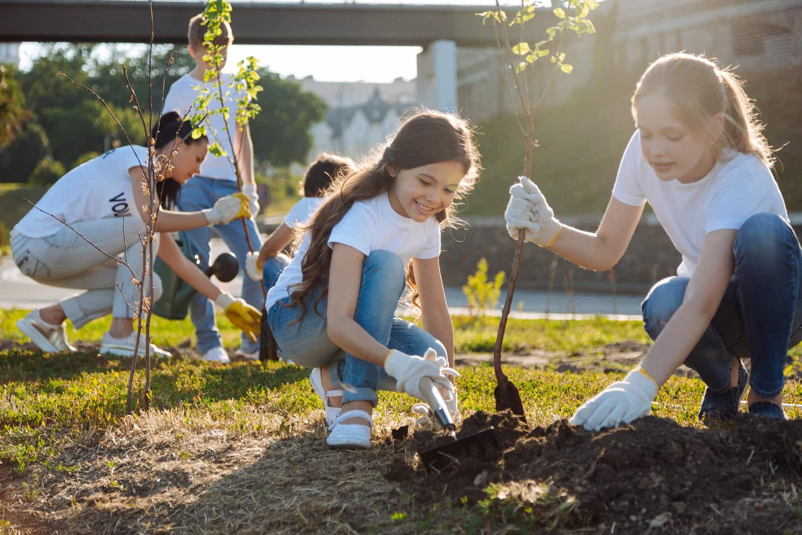A group of children and teenagers in white shirts and jeans plant trees in a grassy area, working together under the sunlight as part of community volunteering programs.