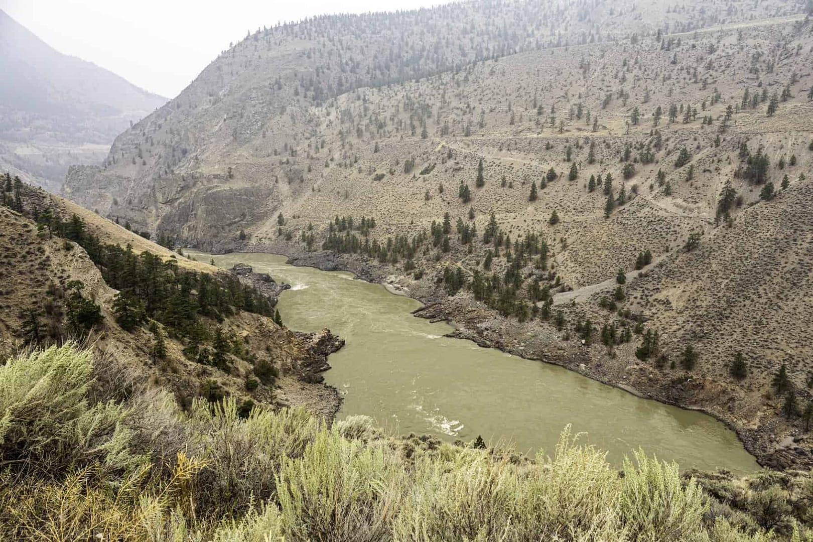 A river runs through a canyon in the middle of a mountain, causing excitement at Canada Campsite with dropping river levels.