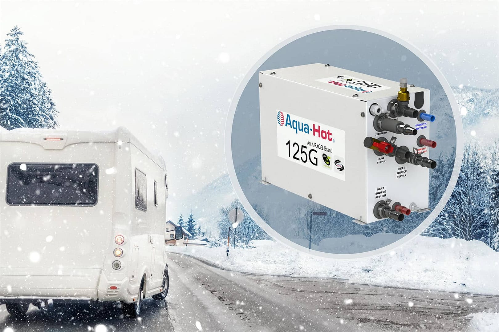 A Gas Model RV equipped with an Aqua-Hot Hydronic Heating System is driving down a snowy road with a water heater.