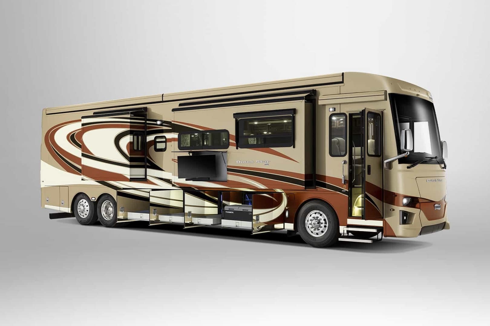 A tan and brown luxurious motor coach on a gray background.