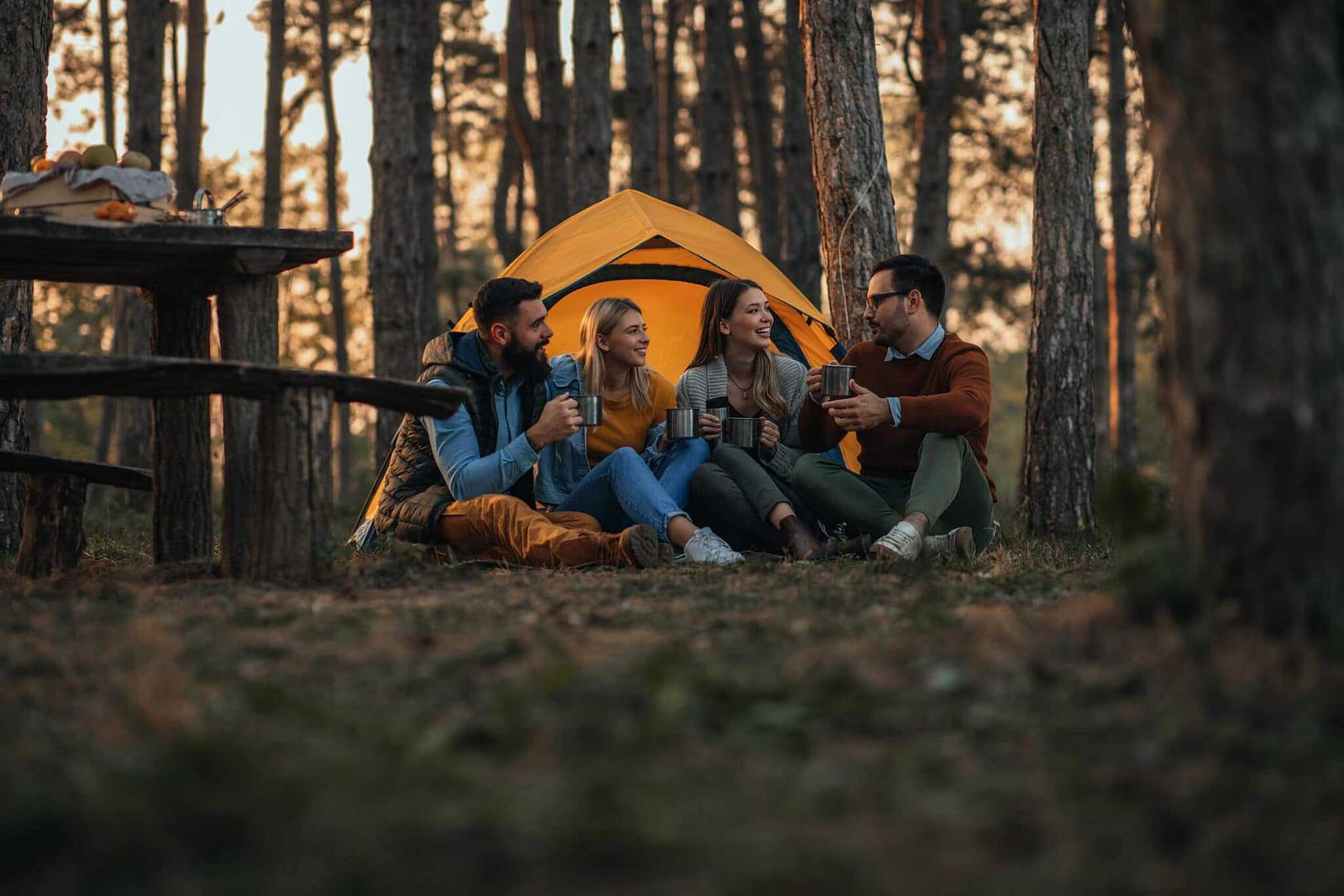 A group of friends sitting around a tent at Bonnie Vale Campground in the woods.